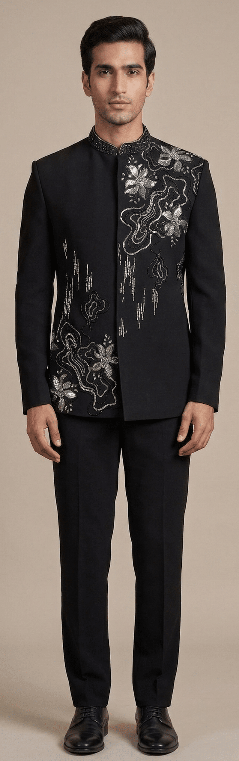 Jet Black Abstract Embroidered Designer Jodhpuri