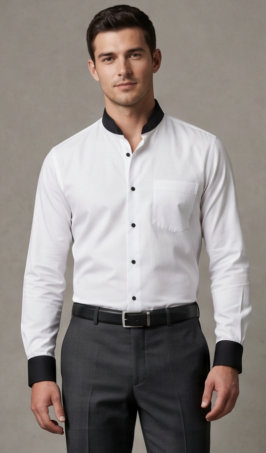 Premium White 70s Giza Cotton Mandarin Collar Shirt with Black Buttons & Contrast Cuffs