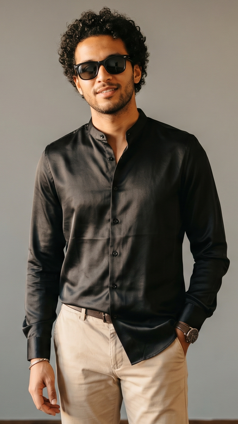 Premium Black 70s Giza Cotton Mandarin Collar Shirt for Men – Luxury Solid Casual & Formal Wear