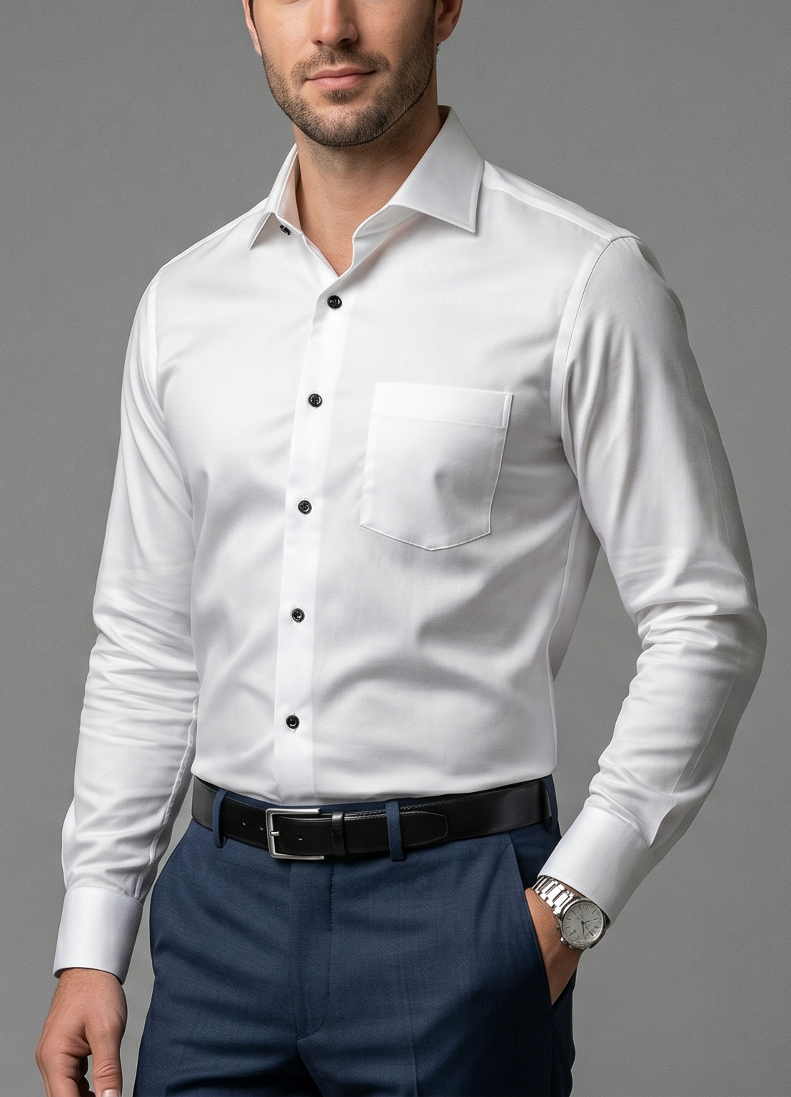 Premium White Giza Cotton Shirt with Black Buttons – Luxury Formal Shirt for Men