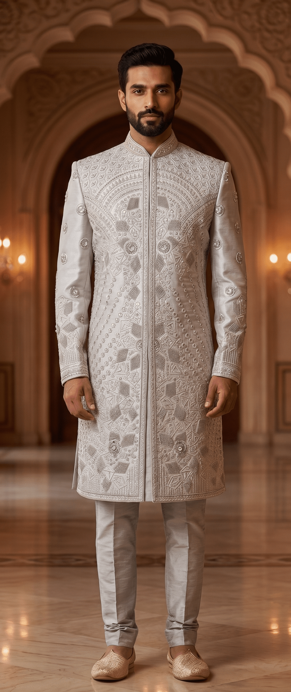 Imperial Pearl White Designer Sherwani for Men – Luxury Embroidered Groom Wedding Wear
