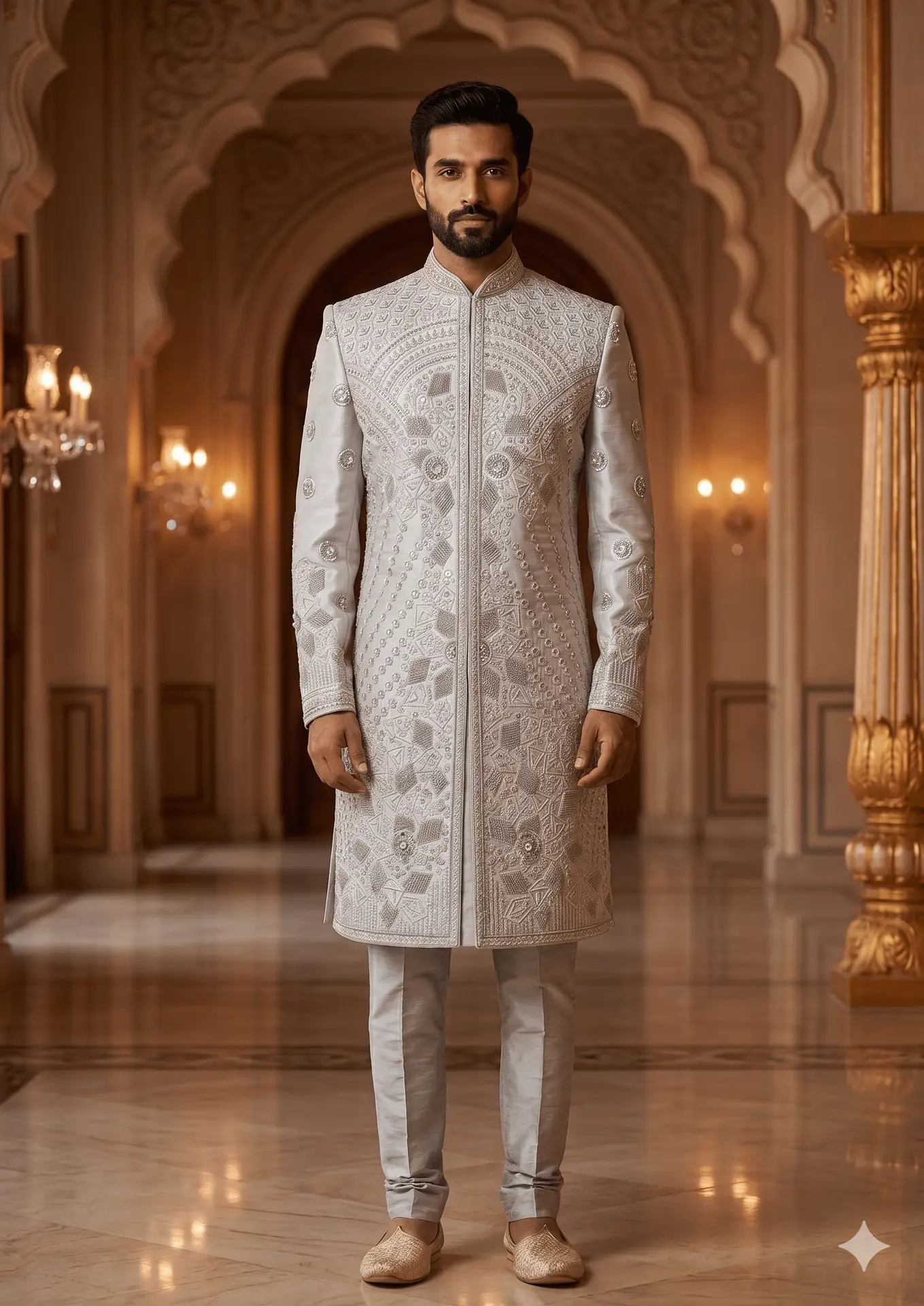 Imperial Pearl White Designer Sherwani for Men – Luxury Embroidered Groom Wedding Wear