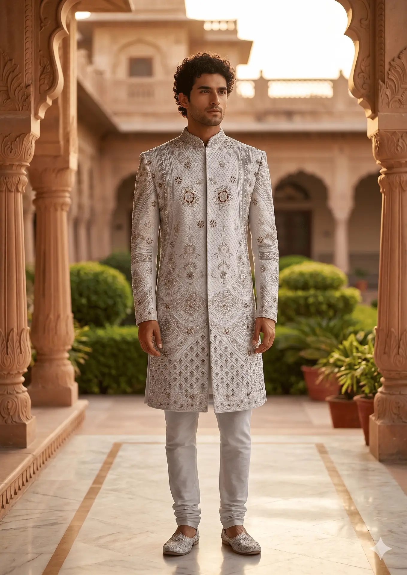 Royal Ivory Floral Embroidered Sherwani for Men – Premium Wedding & Groom Collection