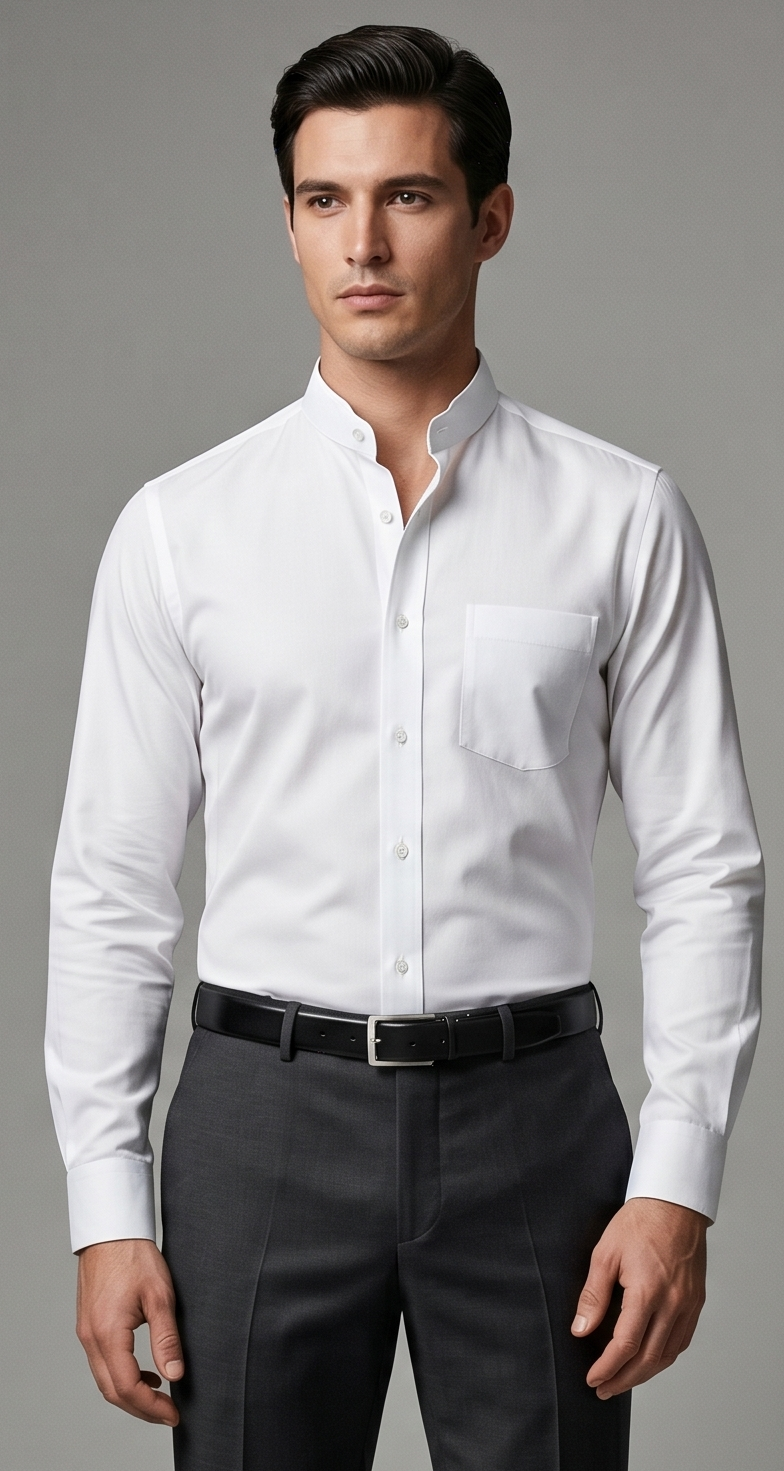 Premium White 70s Giza Cotton Mandarin Collar Shirt for Men – Luxury Formal Wear
