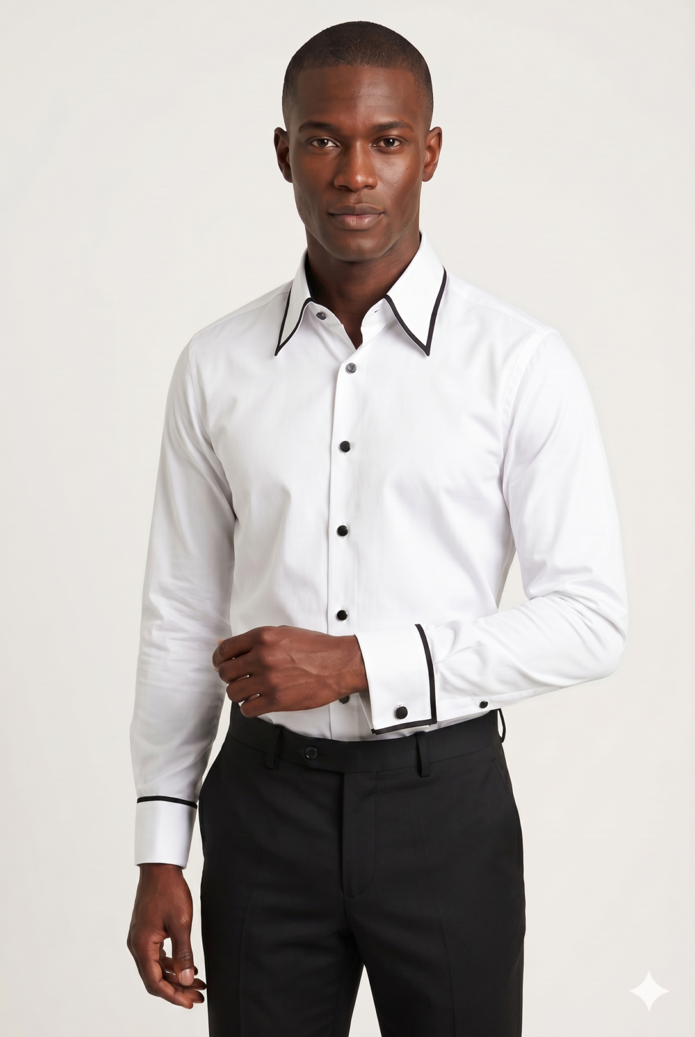 Klassic Menz White Premium Giza Cotton Shirt with Black Contrast Piping & French Cuffs