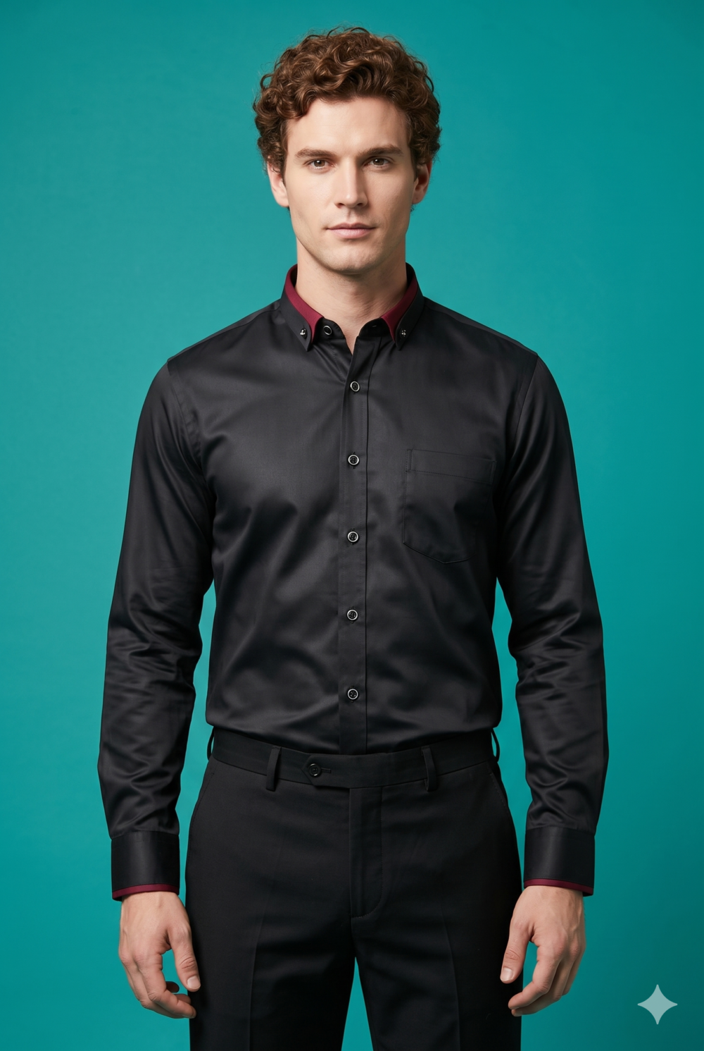 Klassic Menz Black Premium Giza Cotton Shirt with Burgundy Contrast Collar & Cuff Accents