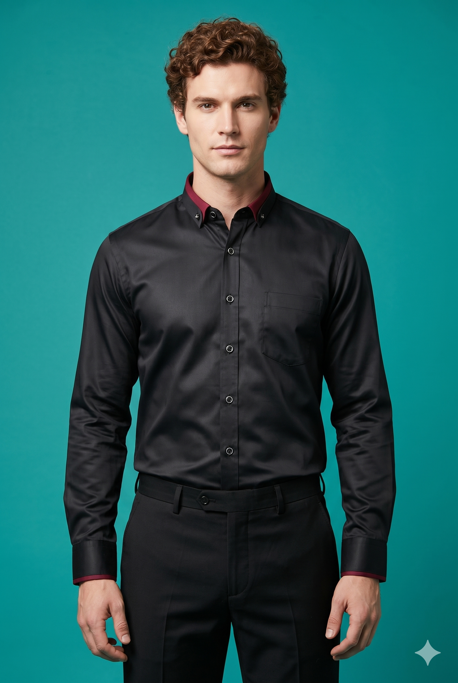 Klassic Menz Black Premium Giza Cotton Shirt with Burgundy Contrast Collar & Cuff Accents