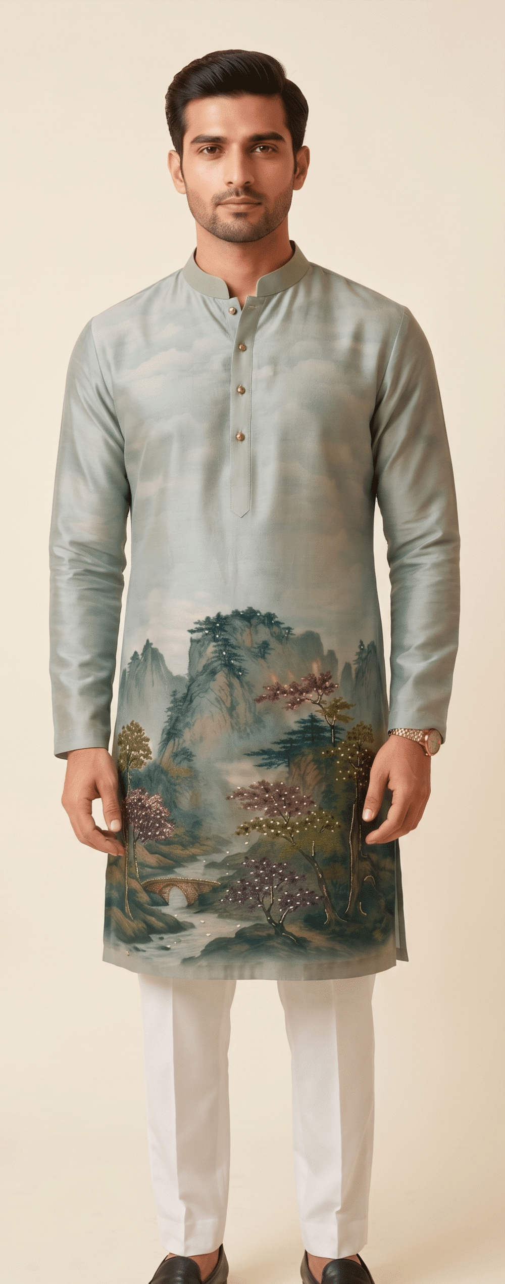 Misty Sage Mountainscape Printed Men's Kurta