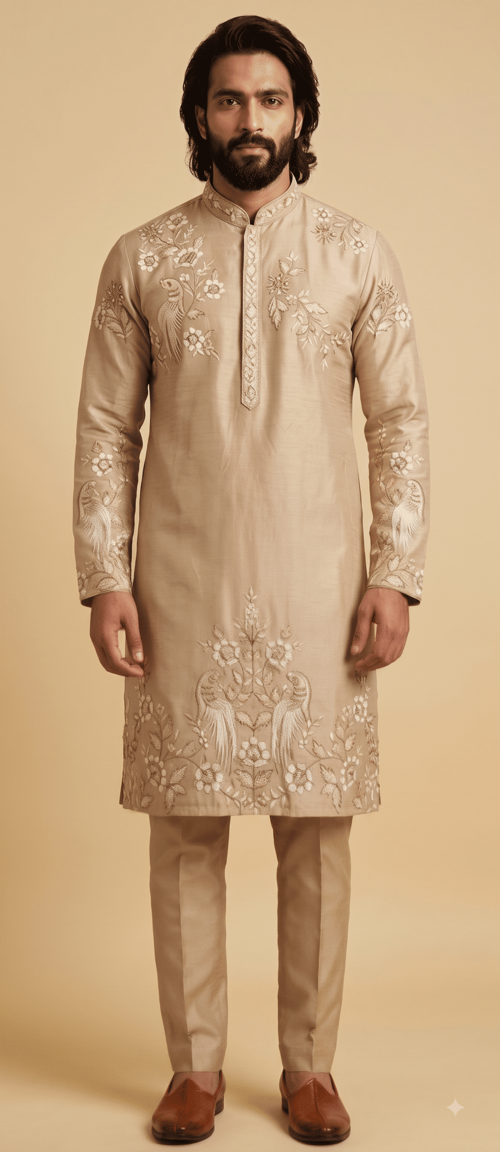 Golden Beige Peacock Embroidered Designer Kurta for Men