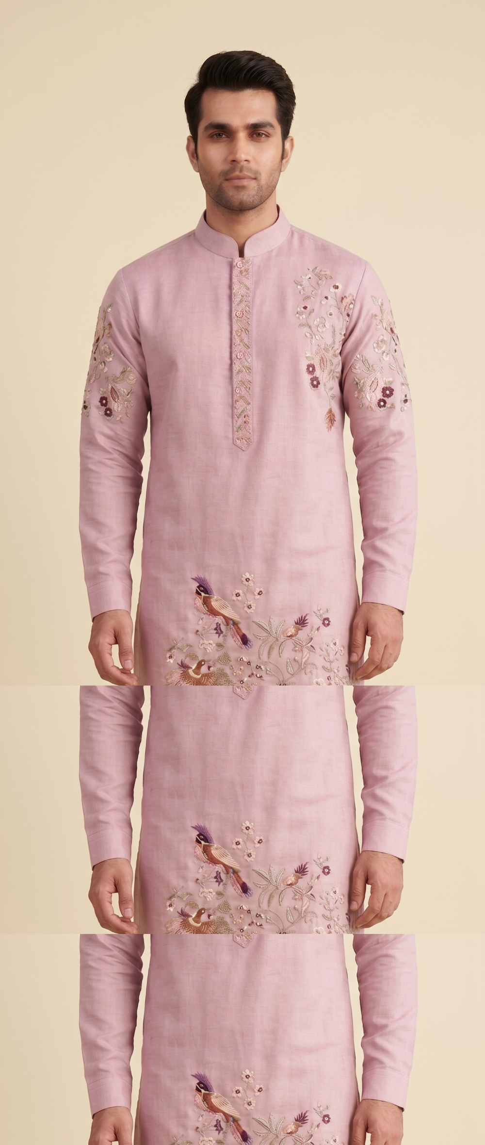 Blush Pink Floral & Peacock Embroidered Kurta Set